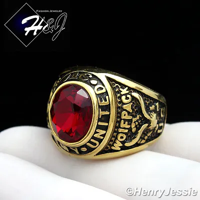 MEN Stainless Steel US Army/Navy Military Silver/Gold Plated Simulated Ruby Ring • $15.99