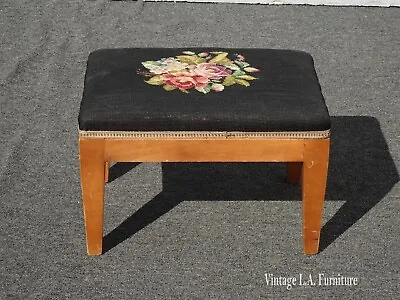 Vintage French Country Black Floral Tapesty Needlepoint Footstool Stool • $375