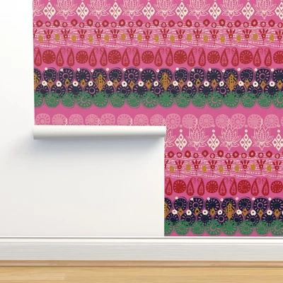 £33.61 • Buy Removable Water-Activated Wallpaper Pink Block Indian Botanical Lotus