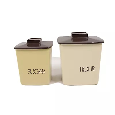 Vintage 70s Mid Century Modern MCM Pair (2) Of Canisters Lids Flour Sugar Beige • $35.95