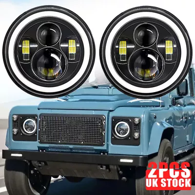 Pair 7  Round Projector LED DRL Halo Angel Eye Headlights For LandRover Defender • £32.59