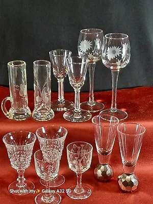 12 Vintage Elegant Glass Crystal Cordial Shot Glasses 6 Mixed Pairs Etched & Cut • $39