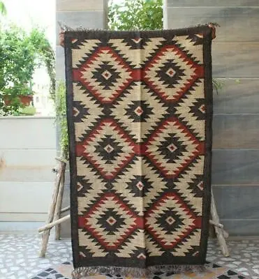 Jute Wool Rug Woven Mat Boho Patterned Turkish Area Kilim Dhurrie Livingroom Rug • $159.17