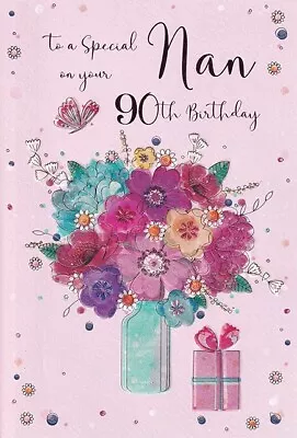 NAN 90th BIRTHDAY CARD AGE 90 ~ FLORAL DESIGN ~ QUALITY CARD & LOVELY VERSE • £3.39