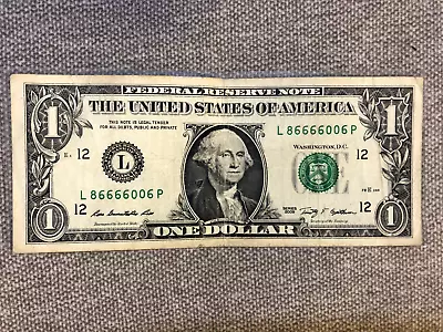 2009 $1 Dollar Bill Fancy Serial Number 5 Of A Kind 1 Pair L86666006 • $9.95