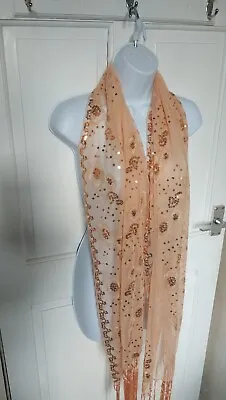 Ladies Peach Apricot Sequenced Scarf Hijab Fancy New • £10.30