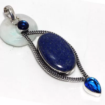 Lapis Lazuli Blue Topaz 925 Silver Plated Long Gemstone Pendant 3.1  Gifts GW • $3.99