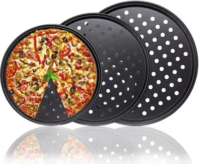 3 Pack Rounded Carbon Steel Pizza Pan With Holes And Non-Stick Coating For Oven • $19.99
