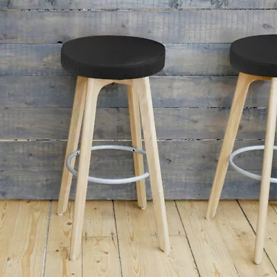 2ps Bar Stool With PU Round Seat And Wooden Legs For Home 30cm Black • £8.96