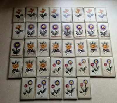 Vintage 1970 Small Feature Wall Tiles - Set Of 37- Flowers - Hand Painted  • £50