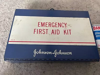 Vintage Wall Mount Johnson And Johnson First Aid Emergency Kit Blue Metal Box • $9.95