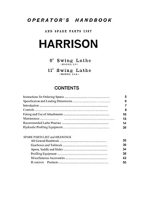 Manual For Harrison 9” L5  /  11” L 5A Swing Lathe Including Spare Parts Lists. • £8.95