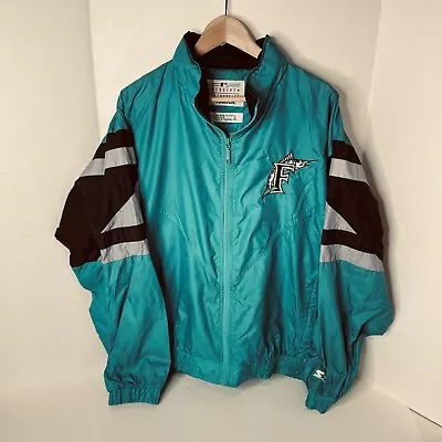 Florida Marlins Full Zip Starter Jacket XL Teal Hood Lightweight Windbreaker • $73.95