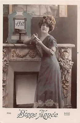1912 Sepia-Toned French New Year PC-Beautiful Lady By Marble Fireplace-Cherubs • $3.99