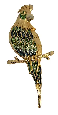 Parrot Macaw Metal Bird Pin Brooch Necklace Pendant Gold Tone Green 3.5  VTG • $24.26