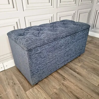 Retro Blue Buttoned Modern Trunk Linen Storage Blanket Box Chest Ottoman • £44.99