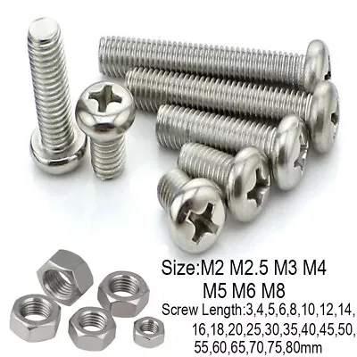 M2 M2.5 M3 M4 M5 M6 M8 Cross Phillips Screw Nut Round Pan Bolt Stainless Steel • $2.17