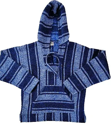 Vintage Baja Blue Jacket Mexican Woven Blanket Hoodie Pullover Jacket Small • $9.99