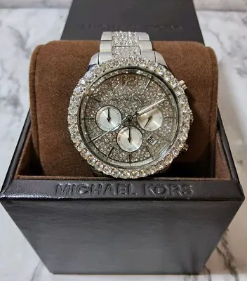 Michael Kors Layton Chronograph Silver Glitz Crystal Womens Watch MK6976 MINT • $159.50
