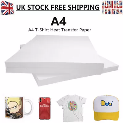 A4 Iron On T Shirt Transfer Paper For Light Fabric Heat Press Inkjet Printer NEW • £7.96