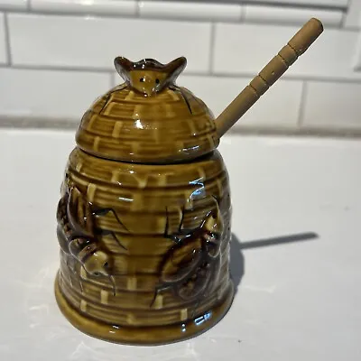 Vintage Retro Ceramic Bee Hive Basket Weave Lidded Honey Pot Japan W/ Dipper • $17