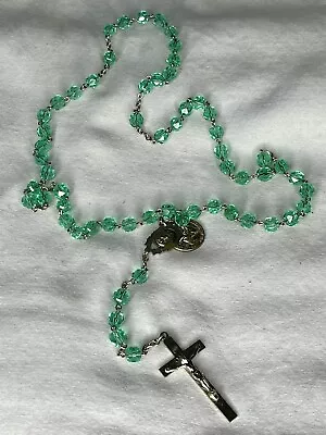 Vintage Rosary Catholic Green Glass Beads Crucifix 2 Medals - Free Shipping • $26.99