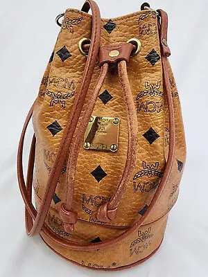 MCM Drawstring Visetos Brown Leather Bucket Bag • $165