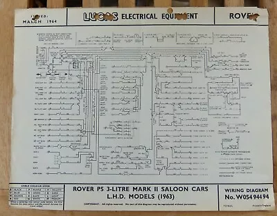 Original LUCAS Rover P5 3 Litre LHD Wiring Diagram 1963- W05494494 • £7.25