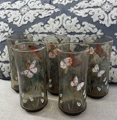 LIBBEY 1970s Vintage Butterfly & Wheat Amber Drinking Glasses Set Of 5 • $15