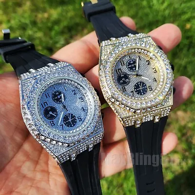 Luxury Hip Hop Iced Silicone Band Simulated Diamond Bling Wrist Fashion Watch • $28.99