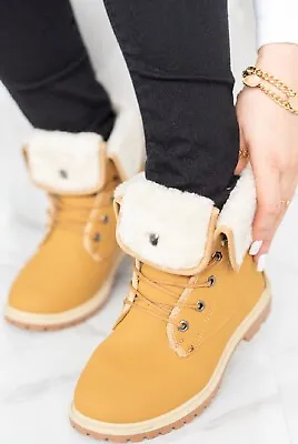 Ladies Womens Flat Fur Lined Grip Sole Winter Army Combat Ankle Boots Shoes Size • £14.99