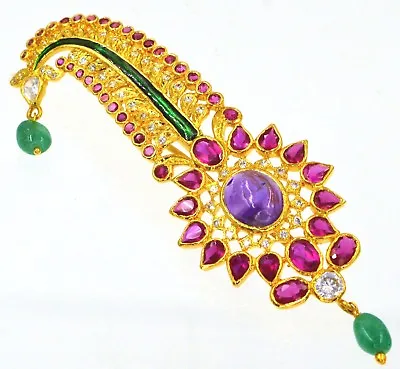 22K Gold Plated Sterling Silver 925 Crystal Gems Sarpech Turban Jewel Mughal Pin • $399.58