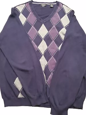 VanHeusen Mens XL Pullover V Neck Sweater Blue Gray Purple Argyle Pattern • $12.99