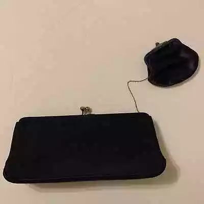 Morris Moskowitz Vintage Black Twill Satin Clutch Attached Coin Purse • $29.99