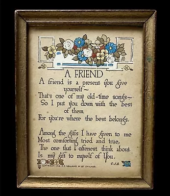 Antique “A Friend” 1913 Motto Poem Litho Volland & Co Art Deco Framed Victorian • $30