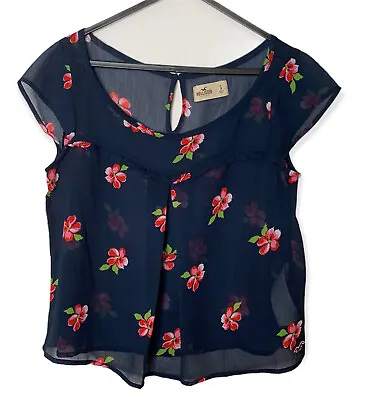 $6 • Buy Hollister Womens Blouse Top Cropped Navy Floral Sheer Casual Size S
