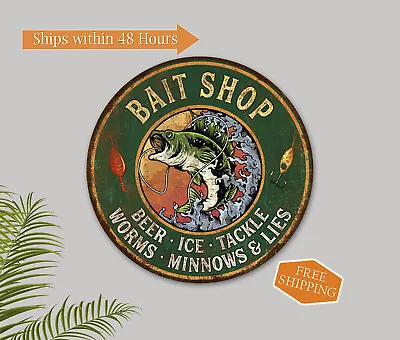 Bait Shop Sign Rustic Fish Man Cave Den Round Wall Decor Vintage 100142001002 • $25.95