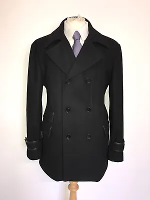 JAEGER - Mens BLACK WOOL Warm Padded PEA COAT - 44-46 Reg - LEATHER TRIM JACKET • $164.21