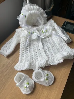 £17 • Buy Baby Pram Set Matinee Coat Bonnett And Crochet Shoes  0 To 3 Months  White Gift