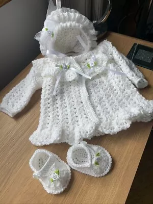 £17 • Buy Baby Pram Set Matinee Coat Bonnett And Crochet Shoes  0 To 3 Months  White Gift