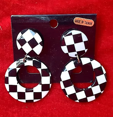 Vintage 80's Does 60's Checkerboard Earrings Pierced Hoop Ska MOD Punk Alt Goth • £14.47