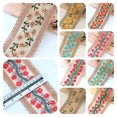 £6.57 • Buy Embroidered Stone Work Ribbon Trim Chiffon Decorative Craft Lace 9 Cm Wide 1 Y