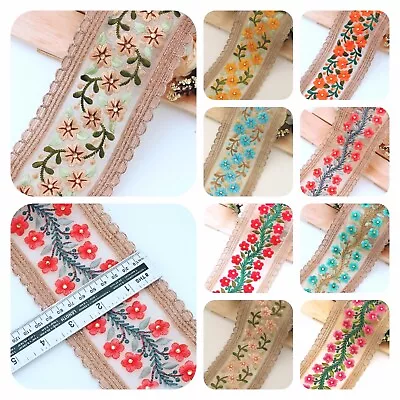£6.57 • Buy Embroidered Stone Work Ribbon Trim Chiffon Decorative Craft Lace 9 Cm Wide 1 Y