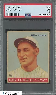 1933 Goudey #52 Andy Cohen New York Giants PSA 3 VG • $34