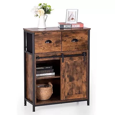 Industrial Coffee Bar Cabinet Sideboard Buffet With 2 Drawers&Sliding Barn Door • $107.99