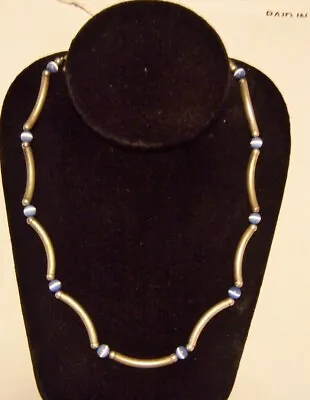 Vtg Sterling Silver Tube Collar Necklace Italy W/blue Bead Moving White Line • $29.99