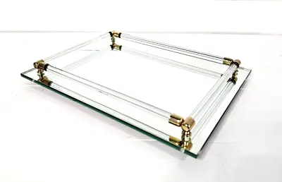 Vtg Mirror Vanity Dresser Tray Glass Rod Rails W/ Brass Corners 11  X 8“ Footed • $20