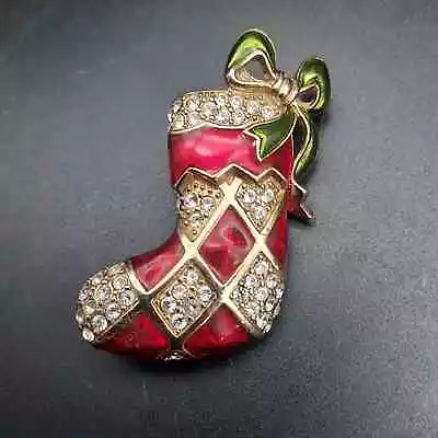 Monet Stocking Brooch Red Enamel Rhinestone Vintage Christmas Jewelry • $20