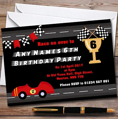 Red Racing Car & Flag Childrens Birthday Party Invitations • £80.96