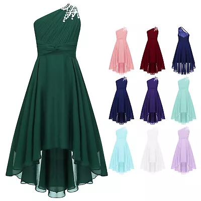 Kids Girls One Shoulder High-low Dress Ruched Evening Wedding Party Prom Gowns • £19.39